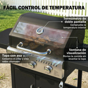 Barbacoa de Gas BBQ Gas Portátil con 3 Quemadores 7,5 kW Termómetro Mesas Laterales Plegables Armario Rejilla Calentadora Parrilla Plancha Tapa con Ventana Recogedor y Recipiente Grasa Ruedas