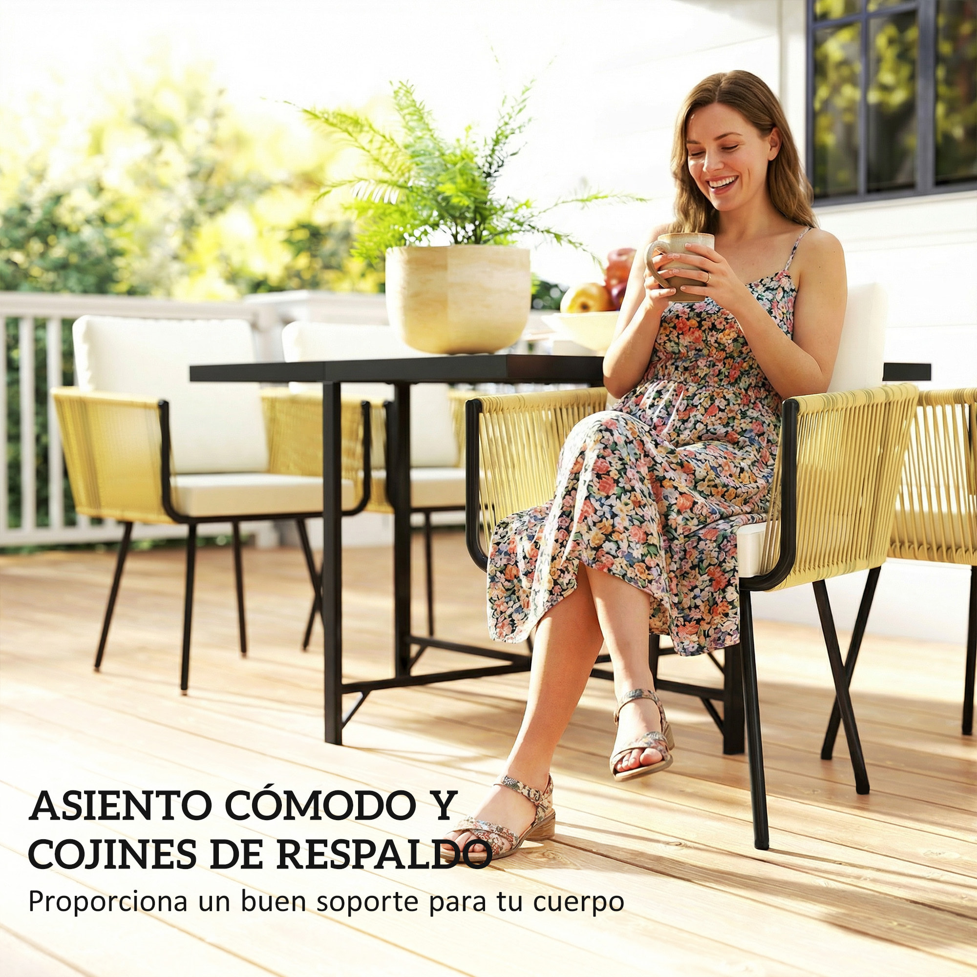 Conjunto de Mesa y Sillas Jardín de Ratán de 5 Piezas, Muebles Jardín Exterior con Mesa de Plástico-Madera y 4 Sillas con Cojines Extraíbles, Marco de Metal Resistente para Terraza, Beige