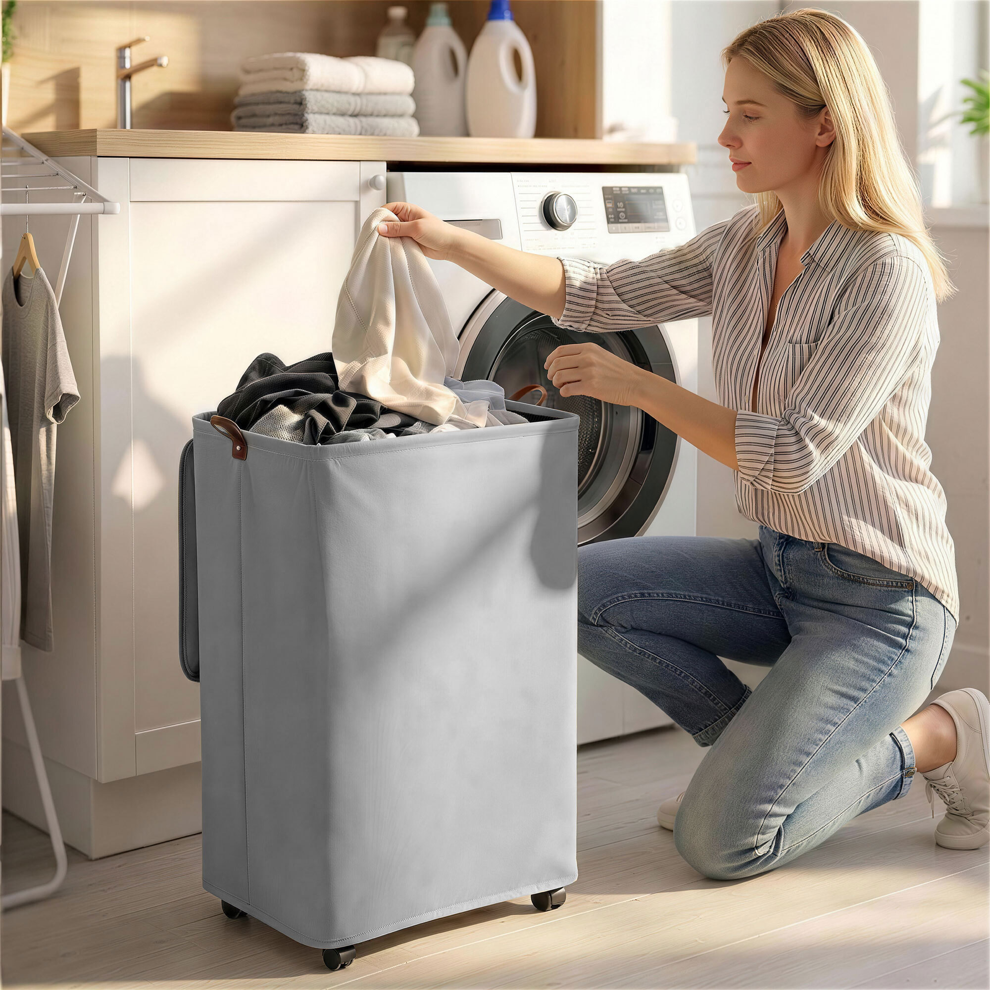 Cesto de Ropa Sucia con Tapa y Ruedas, 50L, Cesta de Ropa Sucia Plegable con Bolsa con Cordón Extraíble y Lavable, para Lavandería, Dormitorio, Baño, 40x30x65 cm, Gris