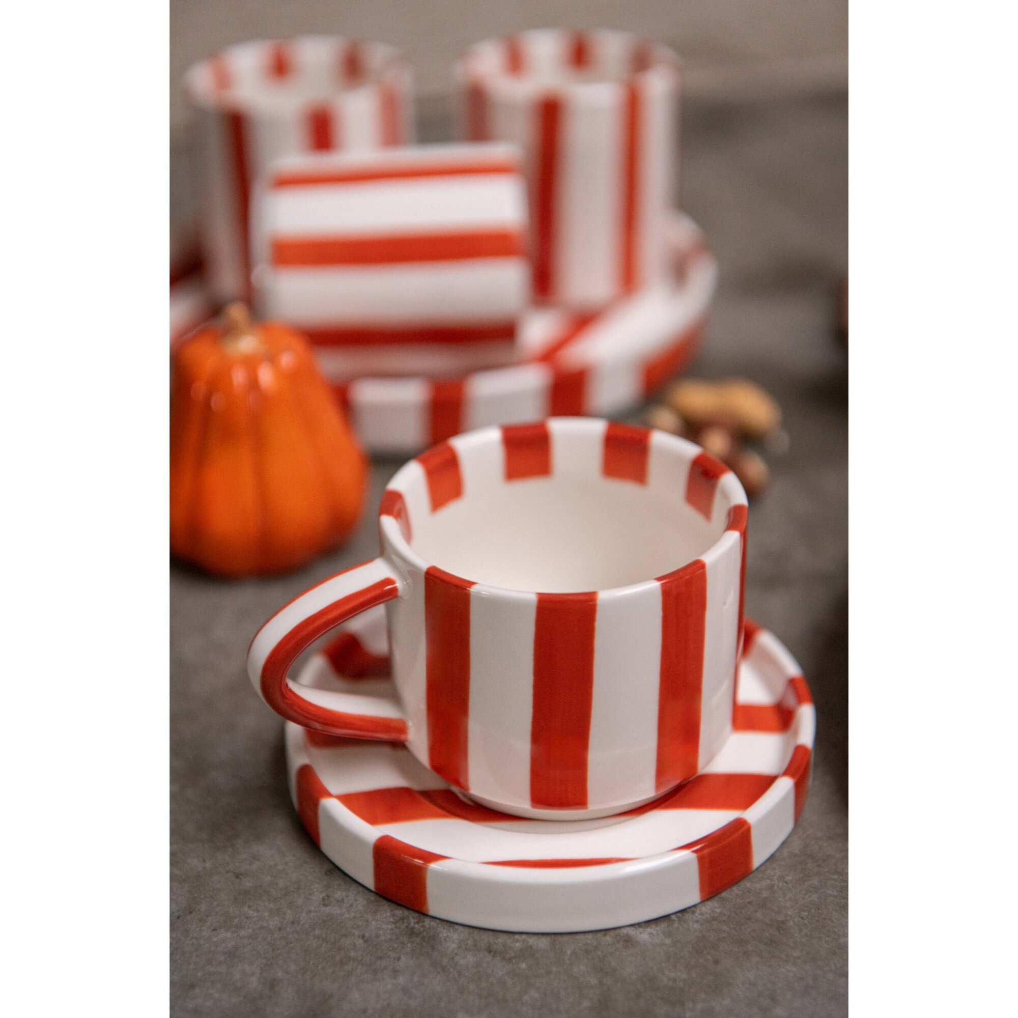 J-Line Tasse et sous-tasse lignée - grès - cognac/blanc - set de 4