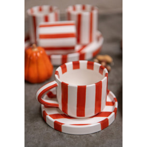 J-Line Tasse et sous-tasse lignée - grès - cognac/blanc - set de 4