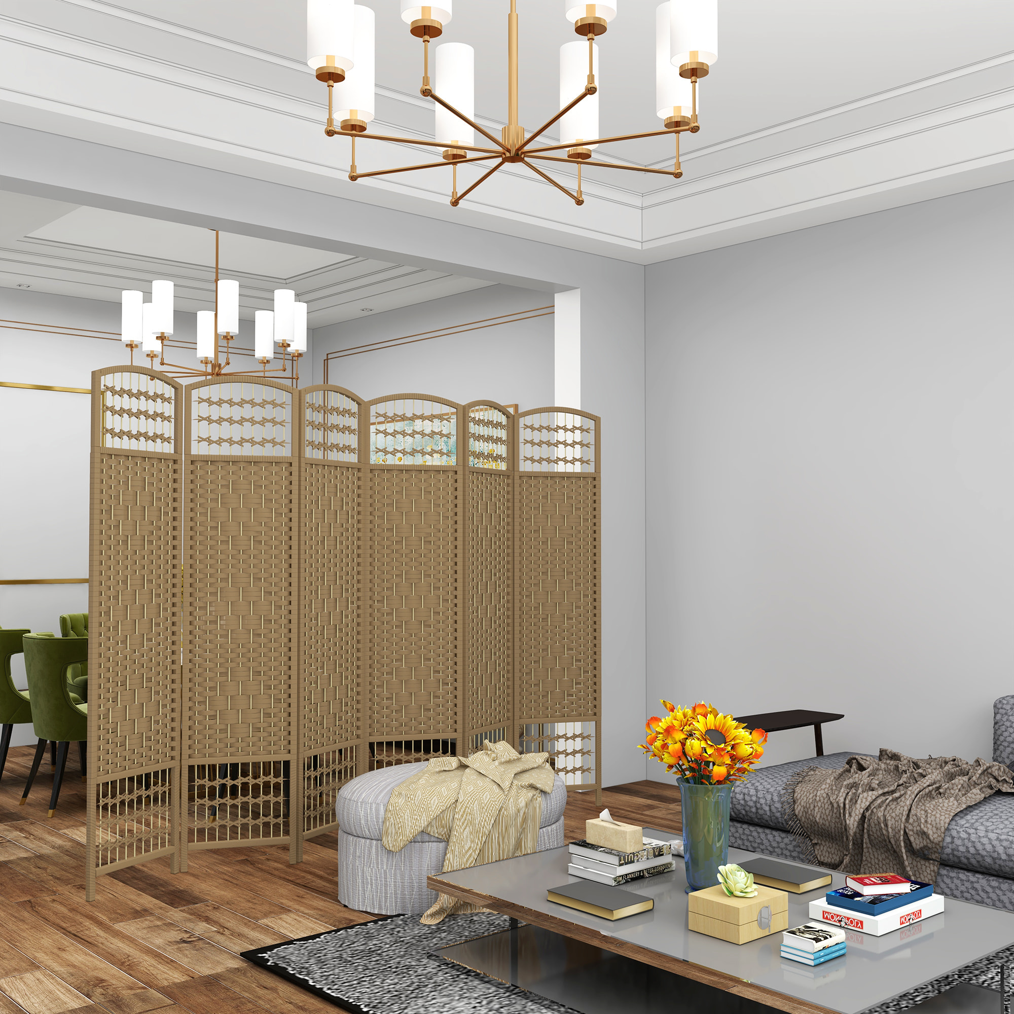Biombo Separador de Ambientes de 6 Paneles 240x170 cm Divisor de Habitación Plegable de Cuerda de Papel y Marco de Madera Decoración para Dormitorio Salón Natural