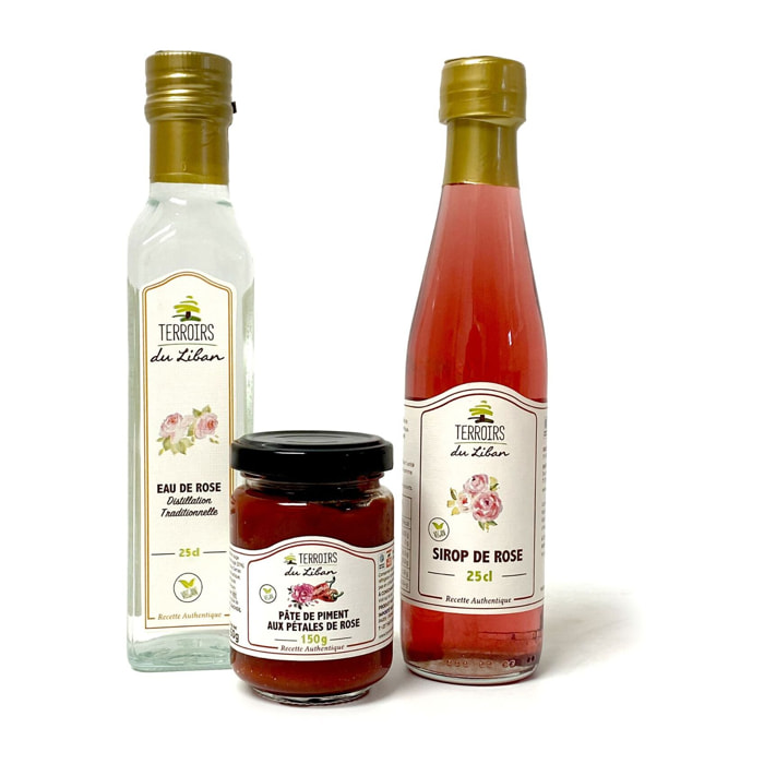 Trio Rose du Liban : Sirop de Rose, Pâte de Piment aux Pétales de Rose & Eau de Rose - 650g - Liban - TDL
