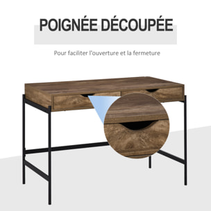 Bureau style industriel dim. 110L x 55l x 75H cm cm tiroir + 2 tiroirs piètement métal noir plateau MDF aspect bois