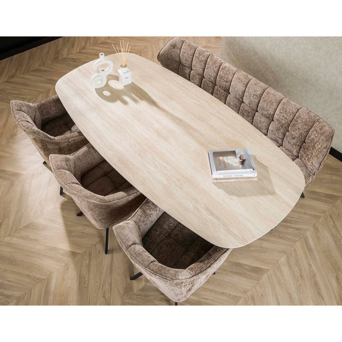 Ruben - table à manger - plateau en céramique 3D effet travertin - pieds en acier - 6 à 8 personnes - Beige / Noir