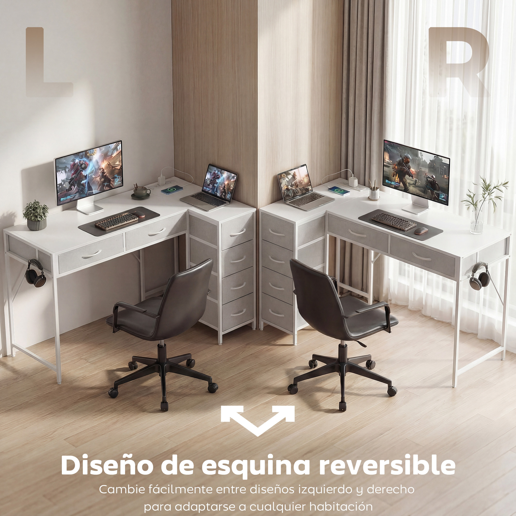 Escritorio Esquinero Reversible con 6 Cajones de Tela, 126x48 cm, Escritorio en L con Toma de Corriente, Puerto de Carga USB y USB-C, Mesa en L para Oficina en Casa, Estudio, Blanco