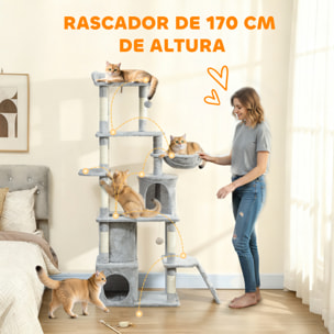 Árbol Rascador para Gatos Grande, Árbol para Gatos, Altura 170 cm, Torre de Escalada con 7 Postes, 1 Túnel, 3 Plataformas, 2 Cuevas, 1 Hamaca, 1 Percha, 1 Rampa, Pompones, Gris Claro
