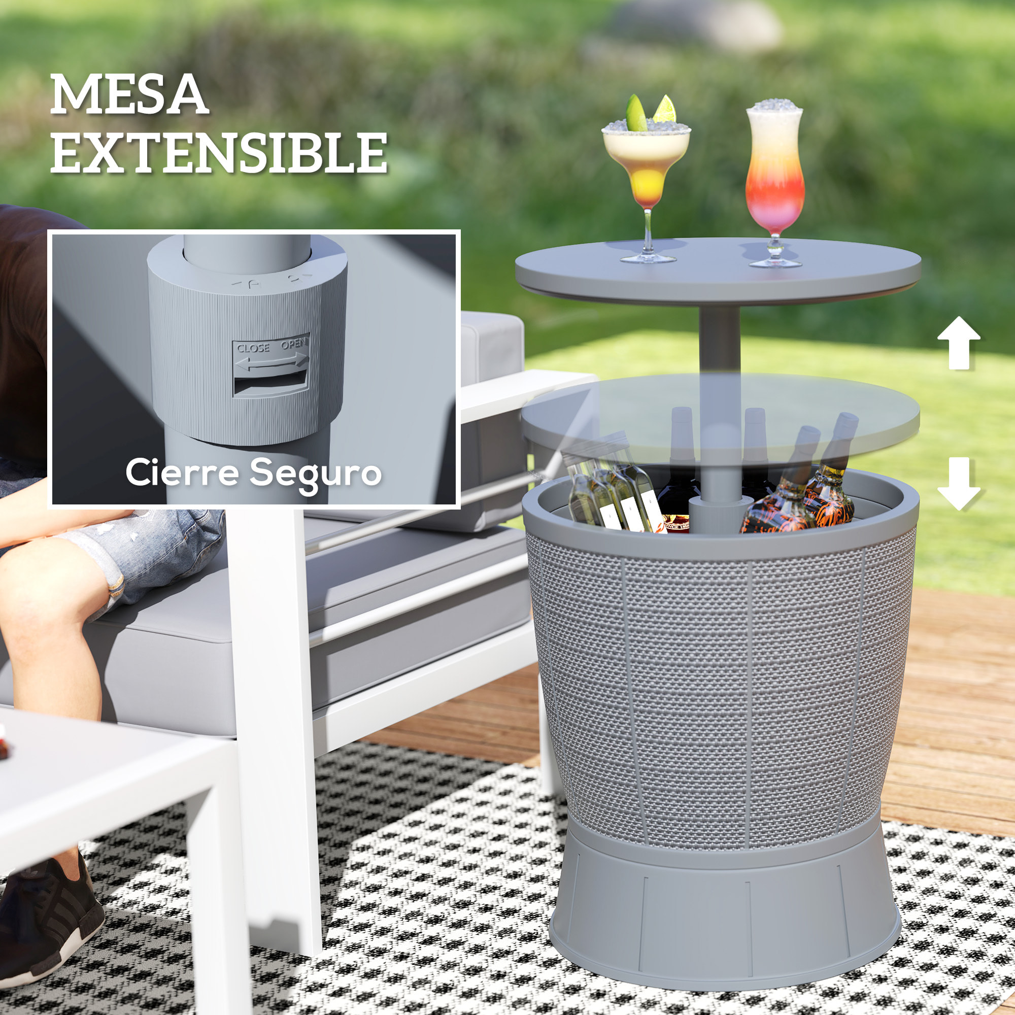 Mesa Nevera para Exterior 41 L 3 en 1 Cool Bar Mesa Auxiliar con Altura Ajustable 58-84 cm Cubo de Hielo Tapa Superior Elevable para Fiesta Piscina Jardín Patio Gris