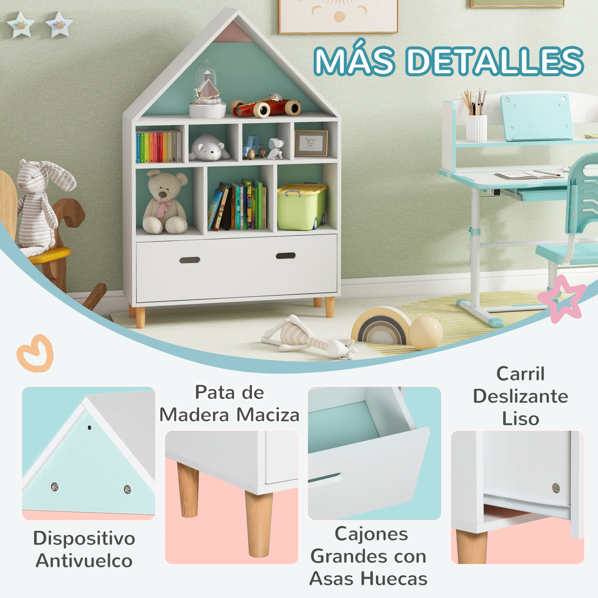 Conjunto para Niños Incluye 1 Juego de Escritorio y Silla para Niños Altura Ajustable y 1 Estantería Infantil con 8 Compartimentos Abiertos Azul y Blanco