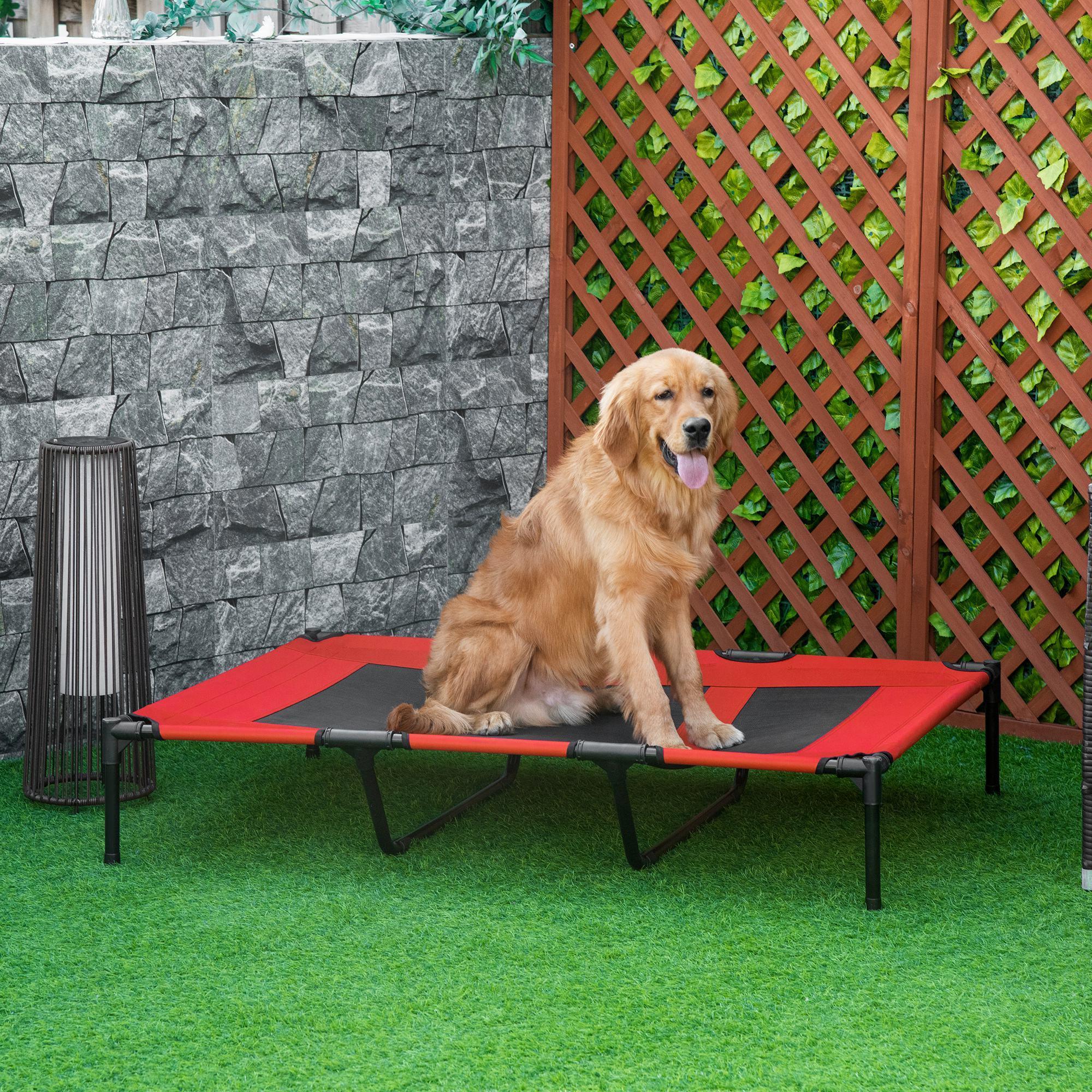 Cama Elevada para Perros y Gatos Transpirable Cama Mascotas Tela Oxford para Dormir Relajar en Interiores Exteriores 122x92x23 cm Rojo