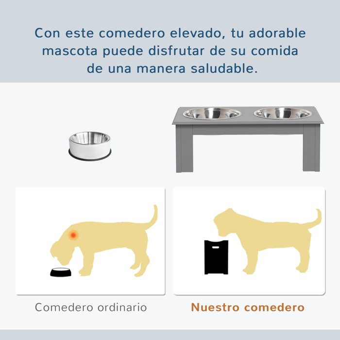 Comedero Elevado para Perros con Soporte y 2 Cuencos Extraíbles de Acero Inoxidable Alimentador para Mascotas Alimento y Agua 44x24x15 cm Gris