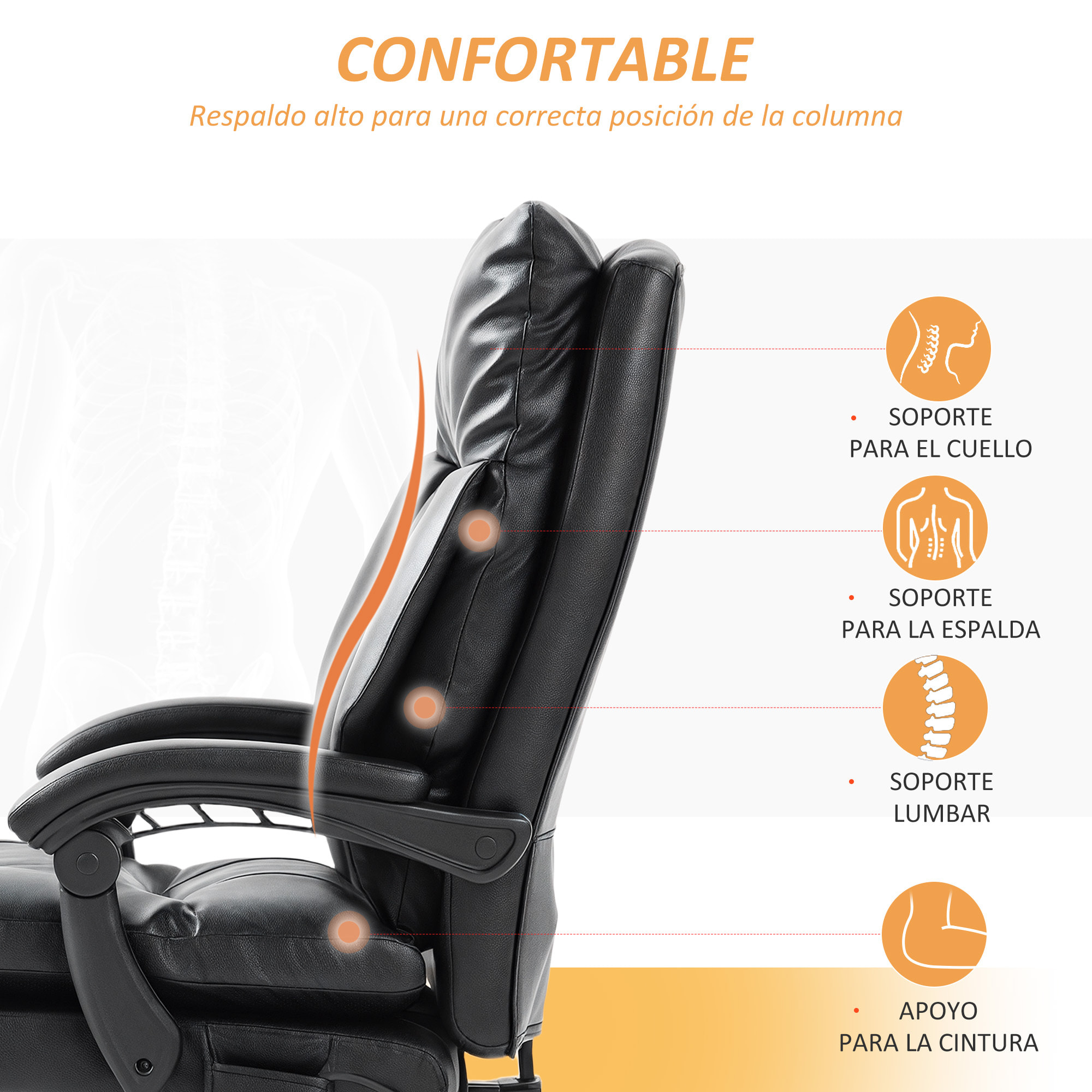 Silla de Escritorio con Soporte Lumbar Inflable, Tapizada en PU, Silla de Oficina Giratoria con Reposapiés, Respaldo Reclinable, Respaldo Alto, Altura Ajustable, Negro