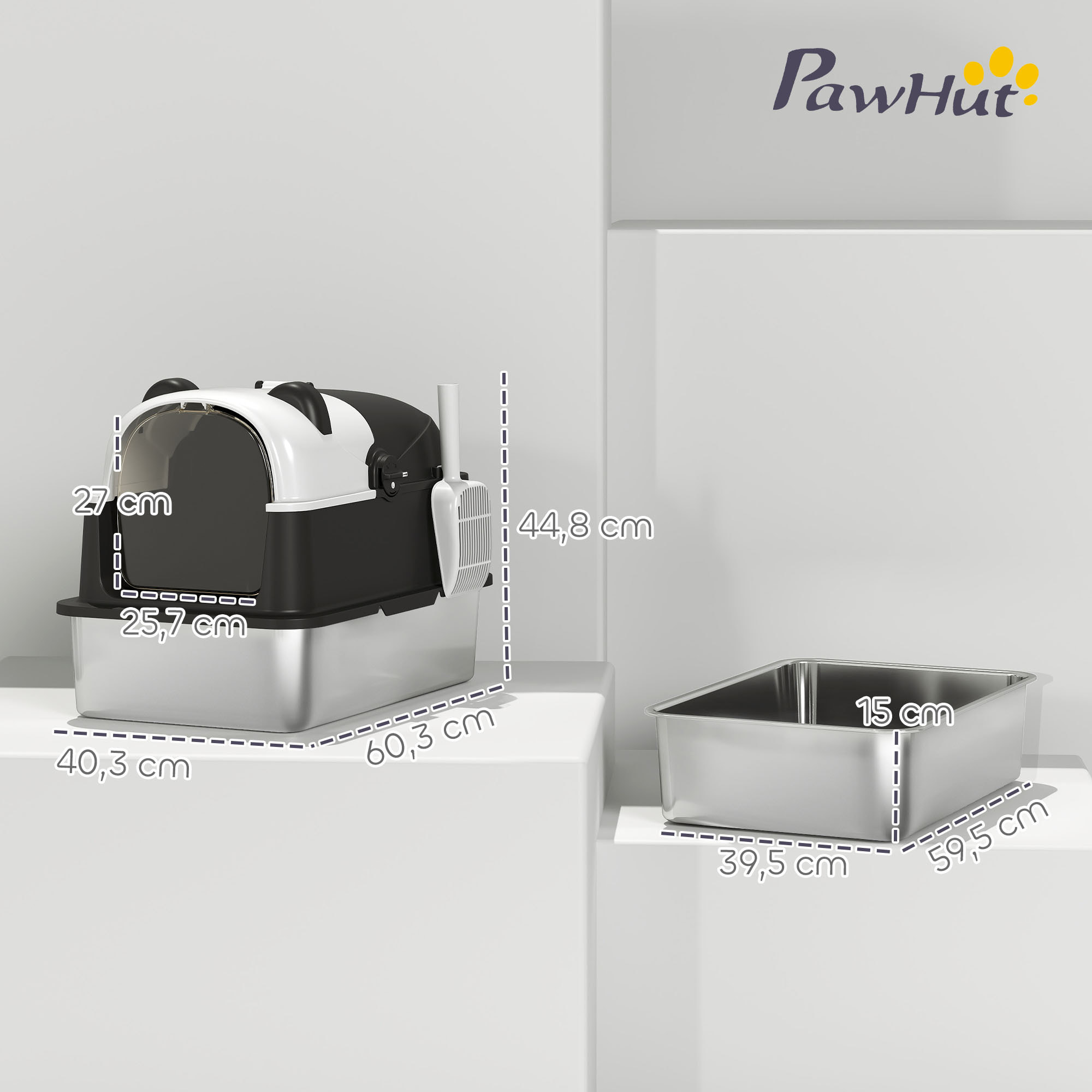 Arenero para Gatos Cubierto XL de Acero Inoxidable, Caja de Arena para Gatos Grandes con Tapa Abatible, Pala, Bolsa Desodorante, Diseño de Panda, Fácil de Limpiar, Antifugas, Sin Olor, Negro