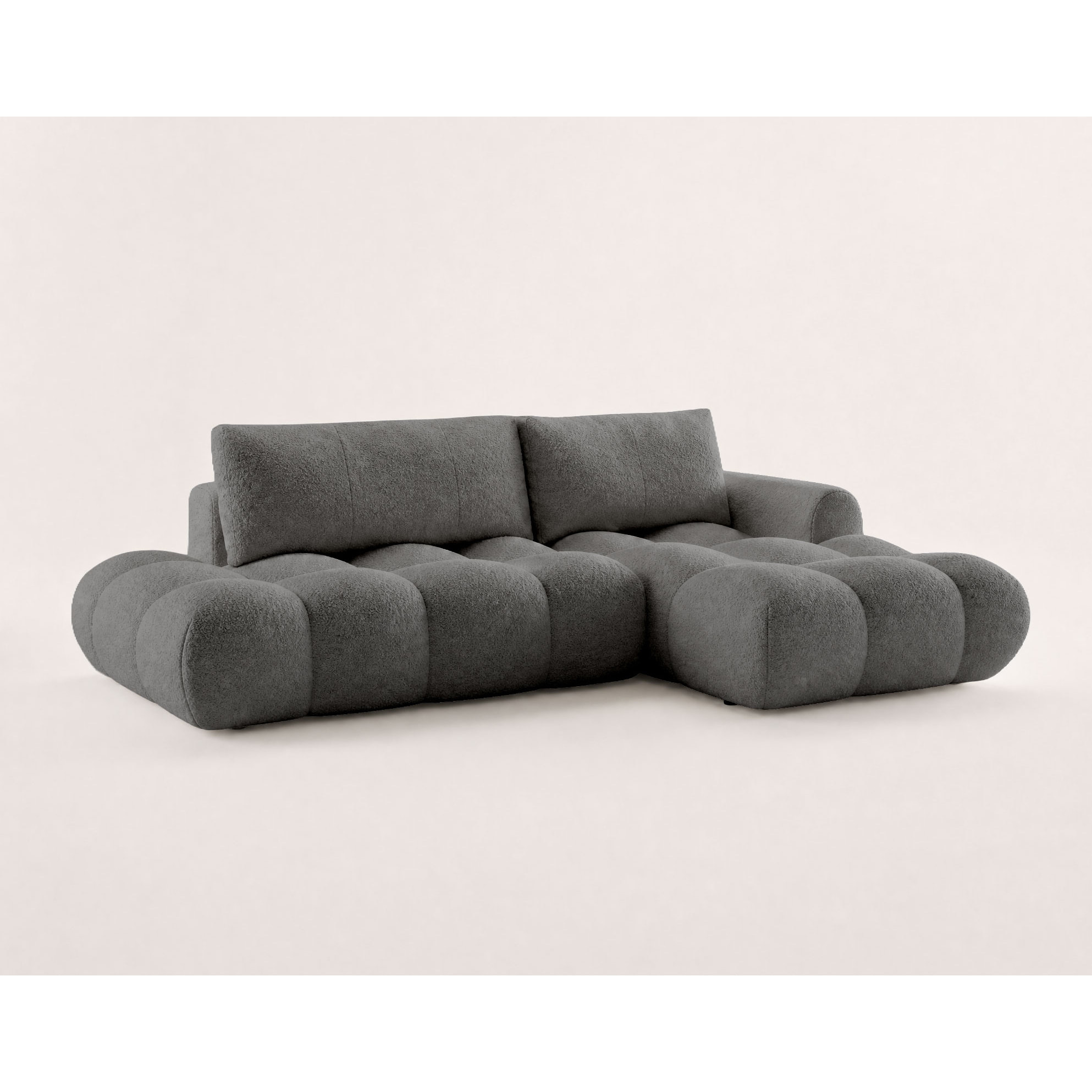 Yulin - Canapé d'angle ouvert droit 4 places convertible avec coffre en tissu bouclette - Gris