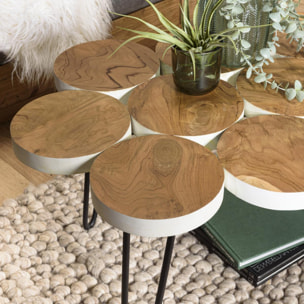 SUZY - Table basse plateau rondelles bois teck pieds épingles