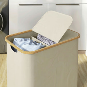 Panier à linge double pliable 80L - corbeille à linge sale avec couvercle et poignées - bambou non tissé beige