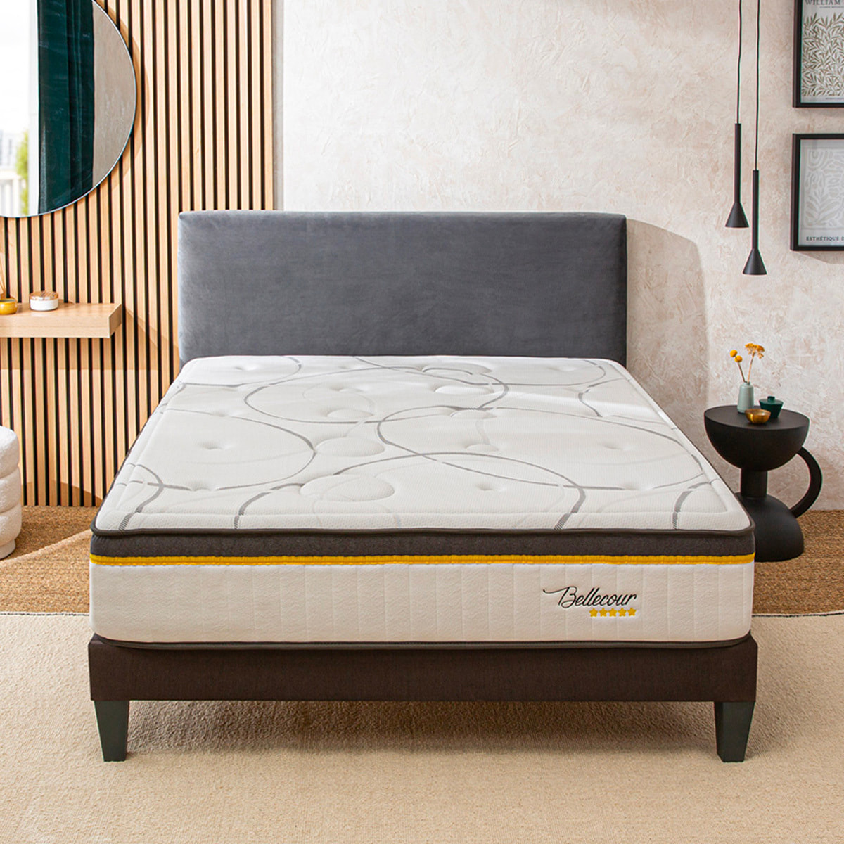 Ensemble Matelas Bellecour 3.0 & Sommier KIT15, Mémoire de Forme et Ressorts Ensachés, 30 cm, technologie Tri-Lattes, Soutien Ferme