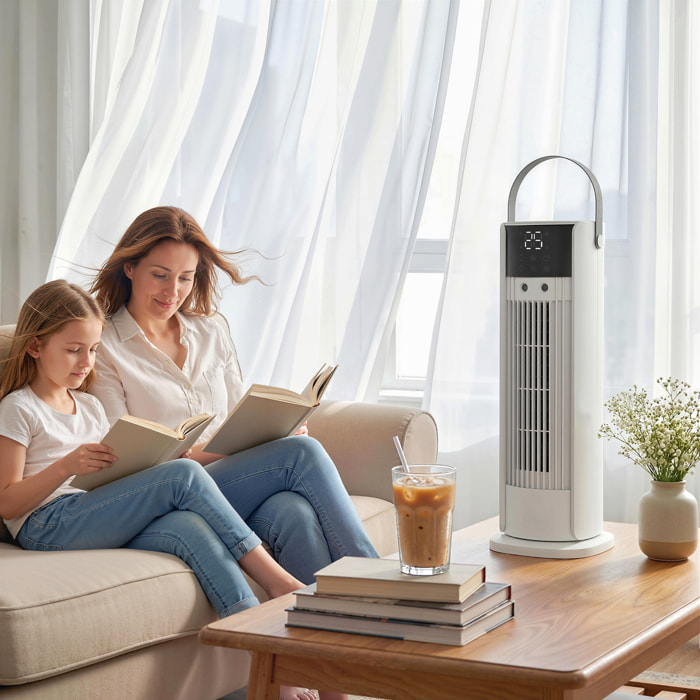 Ventilador de Escritorio con Niebla, Luz RGB, Ventilación de Mesa con 3 Velocidades, Oscilación de 90°, Temporizador de 10H, Control Remoto, Asa, para Dormitorios, Blanco