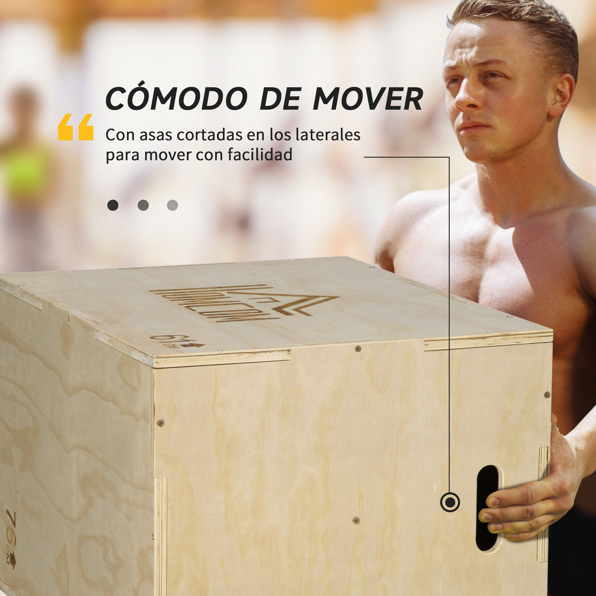 Caja Pliométrica de Madera 3 en 1 Caja de Salto con 2 Mango Hueco Entrenamiento de Fuerza en Casa Oficina Gimnasia CrossFit Carga 120 kg 61x51x76 cm Madera Natural