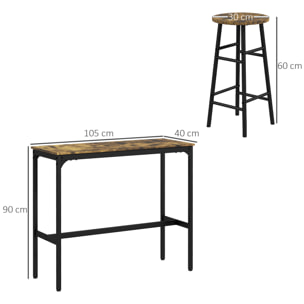 Ensemble 2 places 3 pièces design contemporain - table de bar, 2 tabourets de bar - acier noir aspect bois vieilli