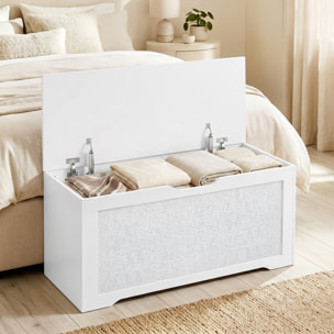 Baúl de Almacenaje 108L, Banco de Almacenaje con Panel de Ratán, Tapa Elevable, Brazos de Soporte, Diseño Sin Tiradores, para Recibidor, Pasillo, Dormitorio, Salón, 80x40x45 cm, Blanco
