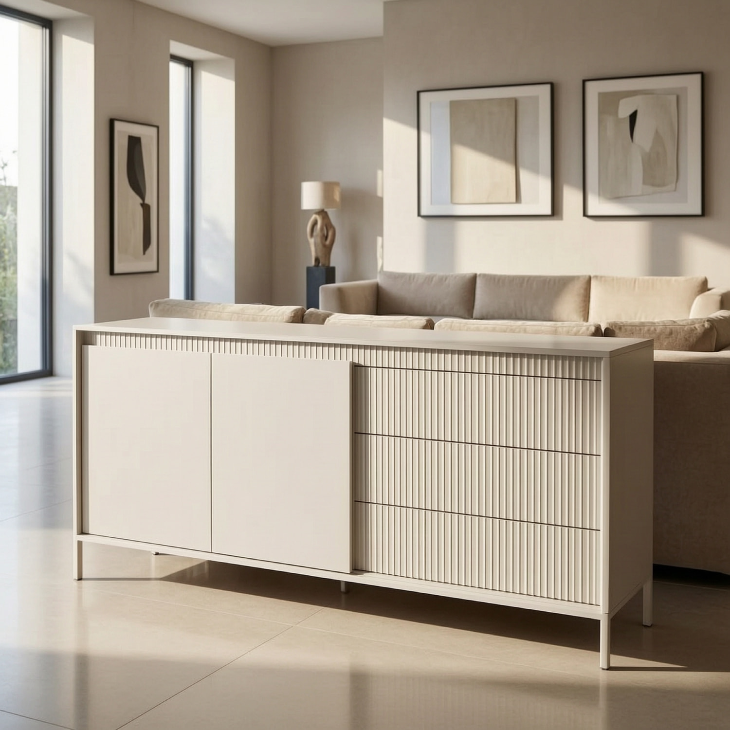 Madia Credenza 2 Ante 3 Cassetti Push To Open Con Ripiani E Vani Mobile Soggiorno Design Moderno Con Piedini In Metallo 187.1 x 81.4 x 39.5 Cm Cashmere