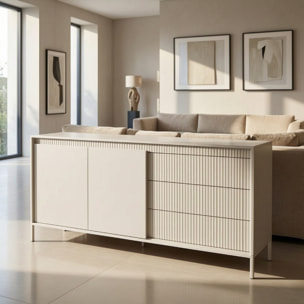 Madia Credenza 2 Ante 3 Cassetti Push To Open Con Ripiani E Vani Mobile Soggiorno Design Moderno Con Piedini In Metallo 187.1 x 81.4 x 39.5 Cm Cashmere