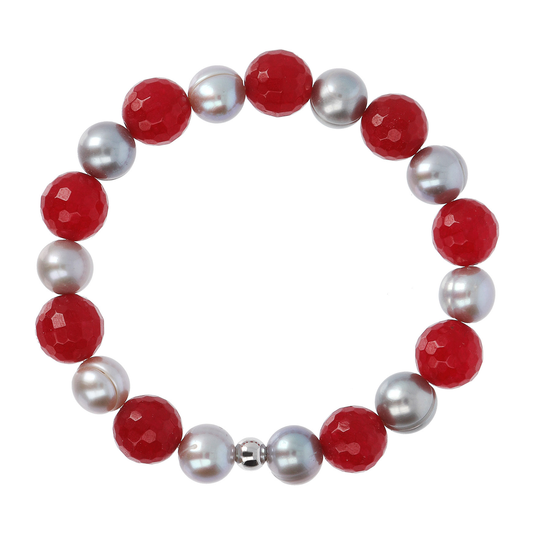 PERLAVIVA - Bracciale Elastico con Quarzo Rosso e Perle d'Acqua Dolce Grigie Ø 9.5/10.5 mm