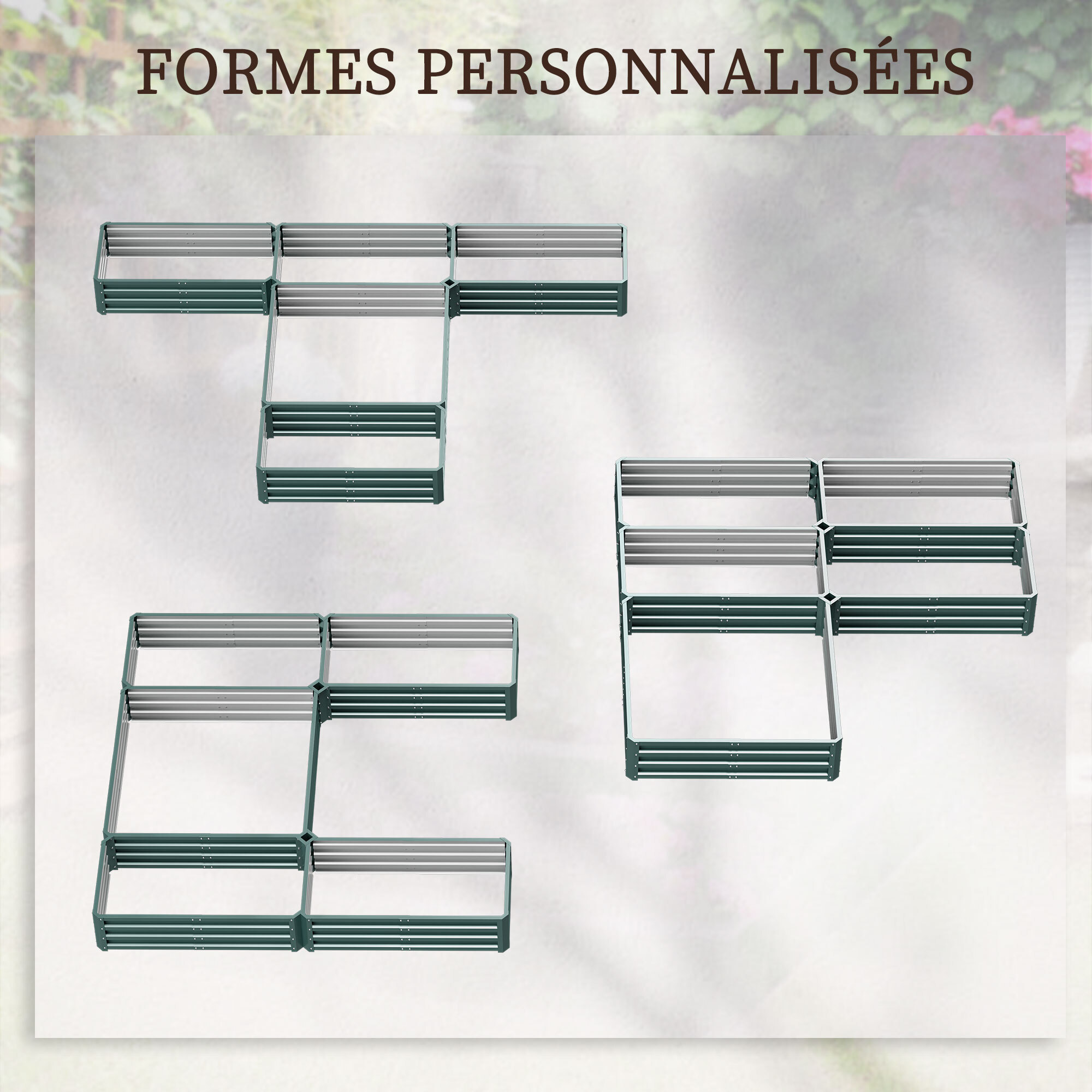 Lot de 5 carrés potager de jardin - forme personnalisable - tôle d'acier ondulée vert