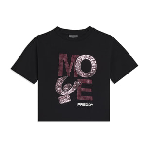 T-shirt Junior cropped con grafica in strass e paillettes