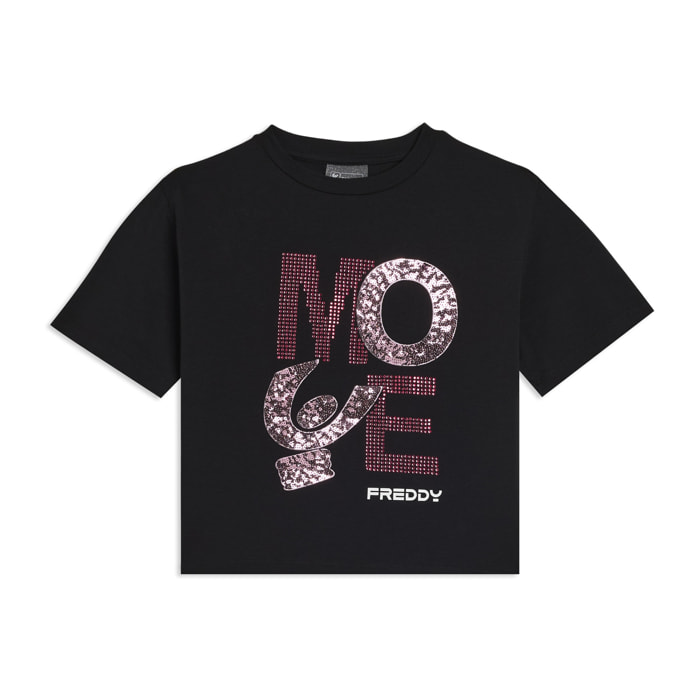 T-shirt Junior cropped con grafica in strass e paillettes