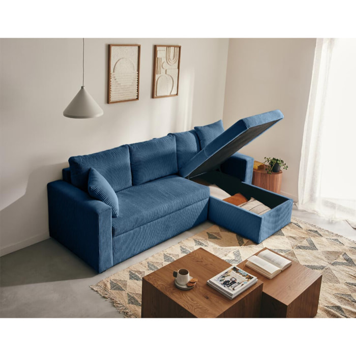 Cyrus - canapé d'angle réversible 4 places - convertible avec coffre - en velours côtelé - Bleu