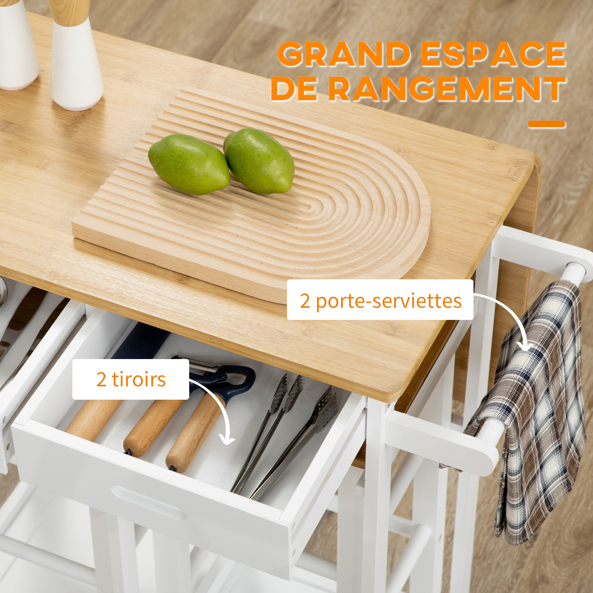 Ensemble table de bar pliable sur roulettes avec 2 tiroirs - 2 tabourets inclus - bois bambou verni et blanc