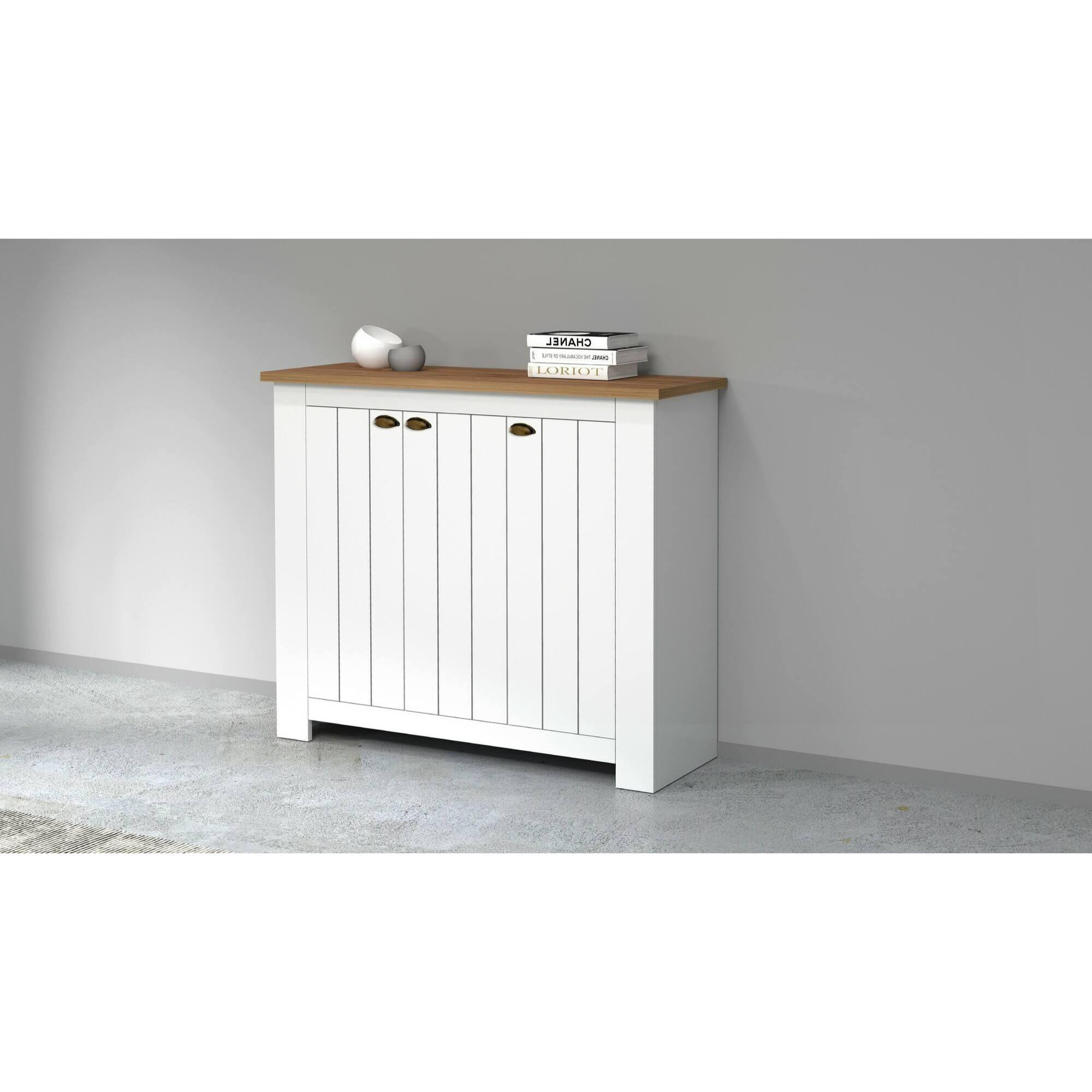 Scarpiera Dcigarin, Porta scarpe salvaspazio a 3 ante, Armadio multifunzione da ingresso, 114x42h100 cm, Bianco e Rovere