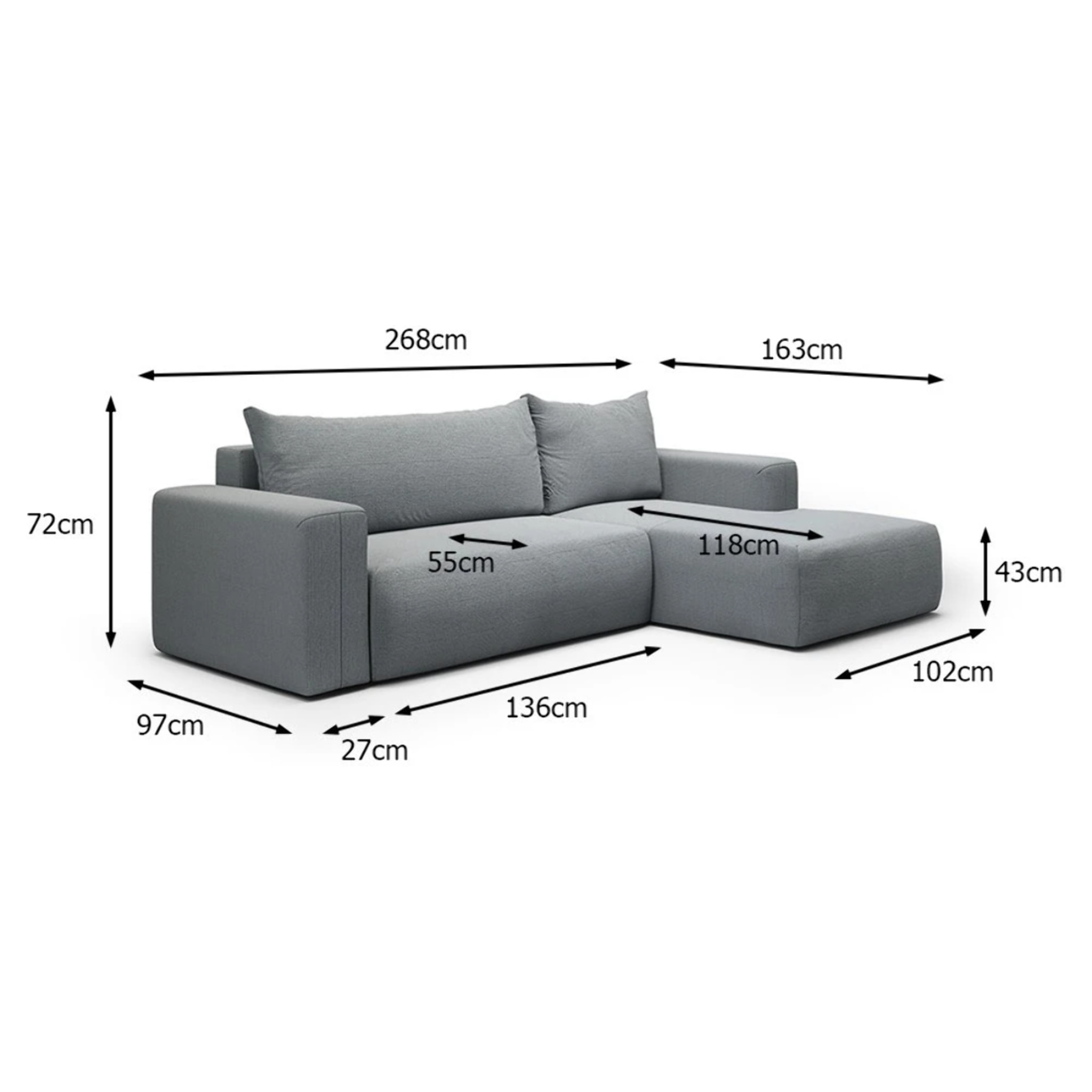 NALA - Canapé d'angle droit convertible 4 places en tissu gris clair