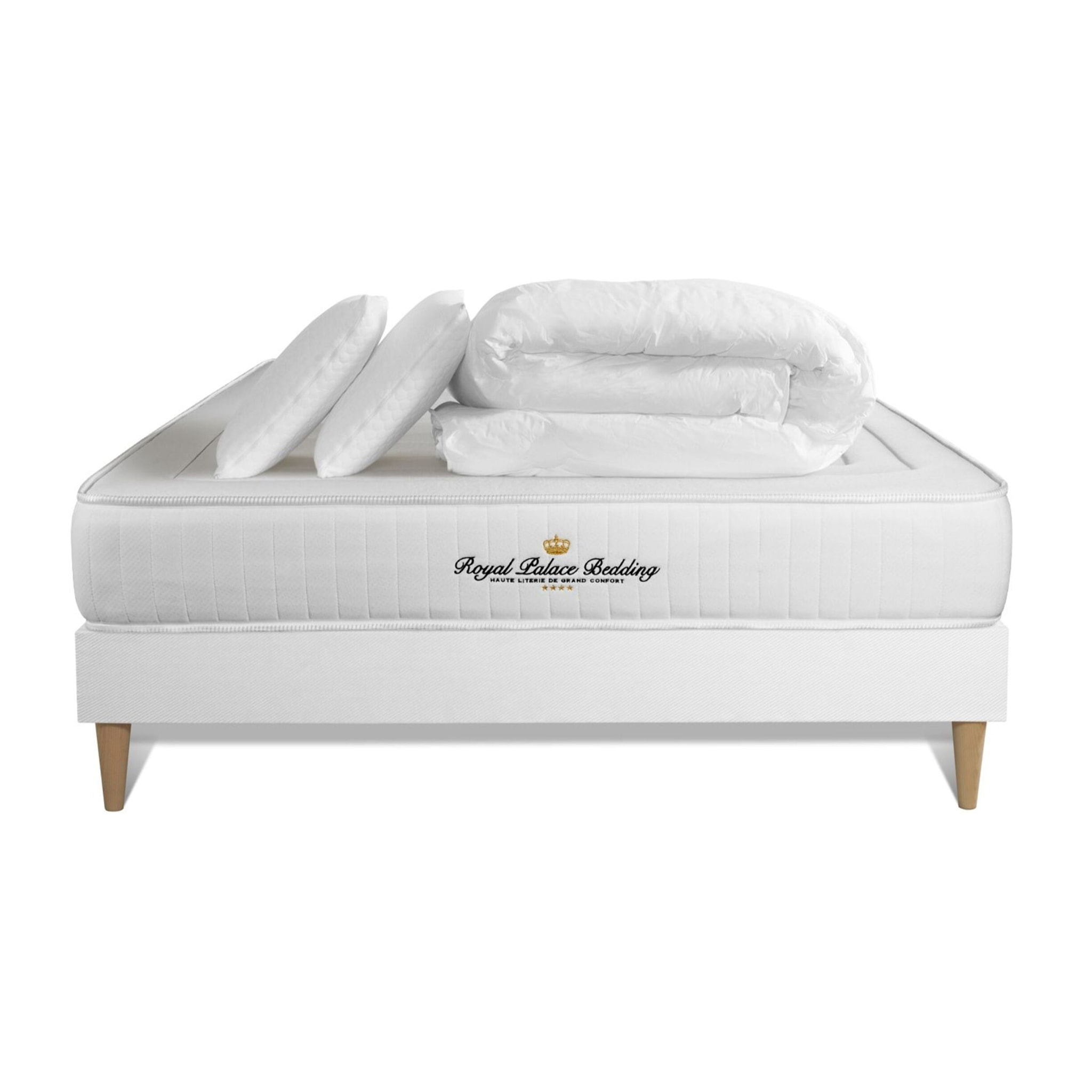Pack prêt à dormir matelas LANCASTER ressorts ensachés et mémoire de forme + sommier kit blanc + Couette + 2 oreillers