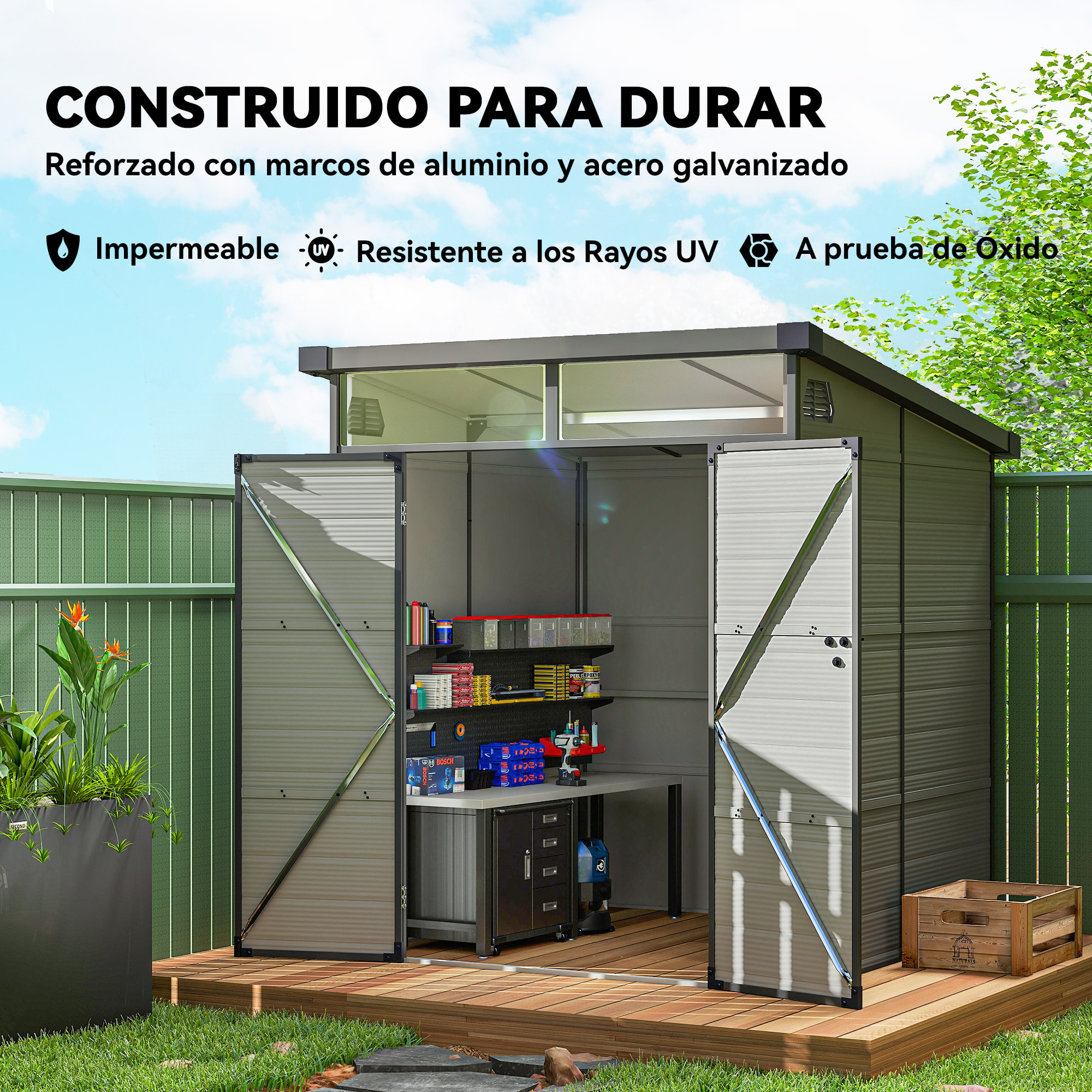 Caseta de Jardín Exterior, 3,24 m², 190x191x215 cm, Cobertizo de Jardín Exterior, Puerta Corredera con Pestillo, Ventana y Ventilación, para Almacenamiento de Herramientas, Gris Claro