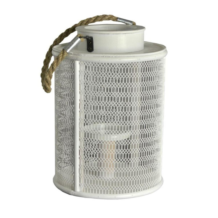 Portacandele in legno bianco con manico in corda grande cm15,5x15,5h23