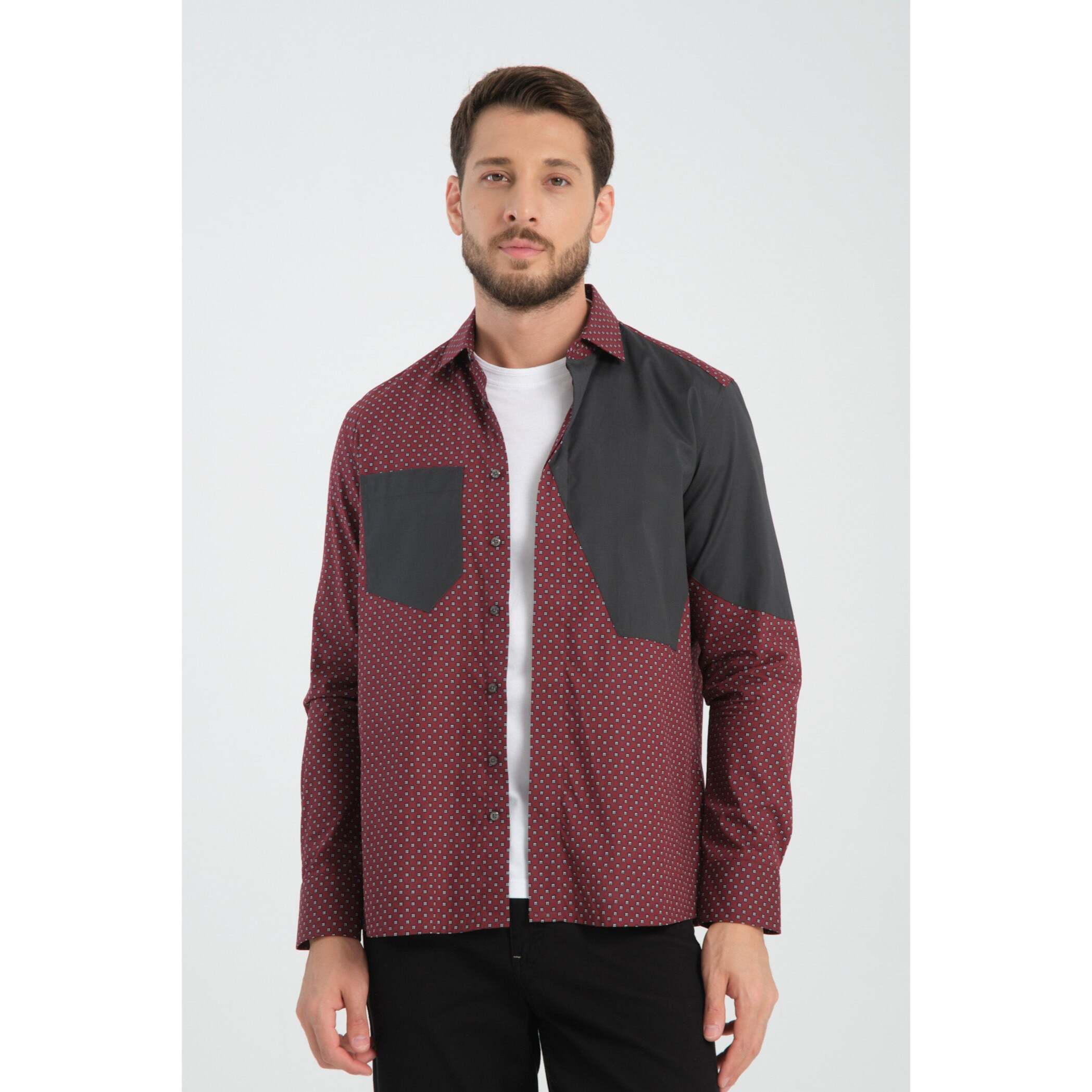 Camici Uomo Kent Popeline Fantasia Bordeaux/Grigio Chiaro