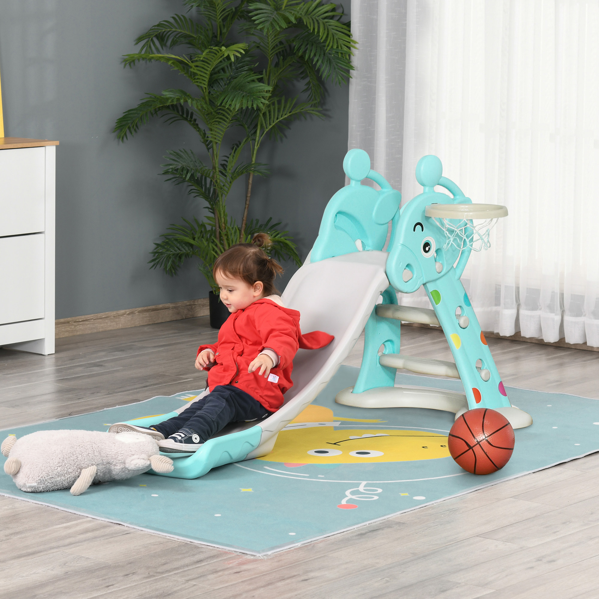 Tobogán para Niños +18 Meses Plegable con Canasta de Baloncesto Modelo Jirafa Juguete Infantil para Interiores y Exteriores 147x82x85,5 cm Azul y Gris