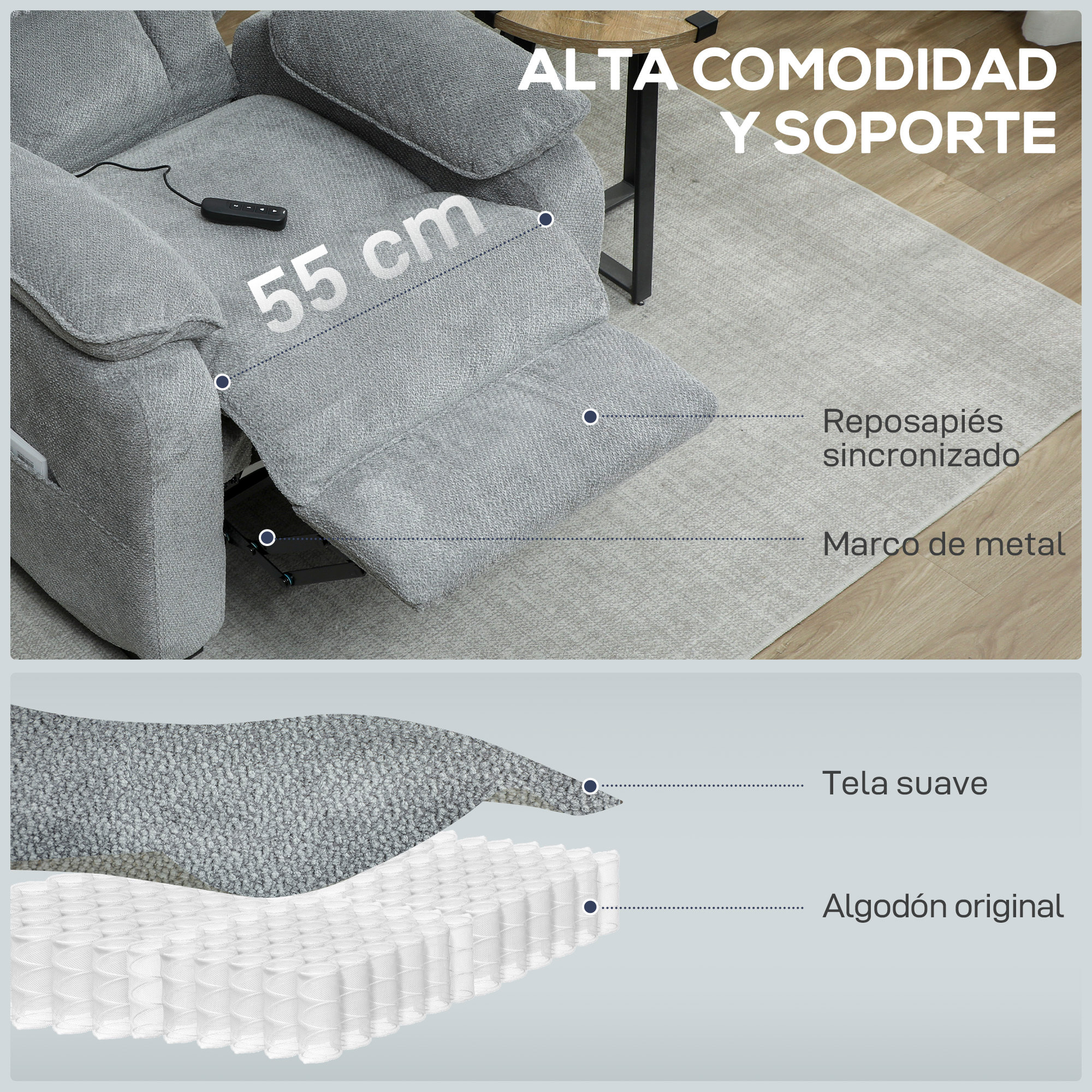 Sillón Relax Reclinable Eléctrico con Motor Silencioso, Sillón Reclinable de Terciopelo con Mando con 2 Posiciones de Memoria, Reposapiés, Reposacabezas, Puerto USB, Bolsillos, Gris Claro