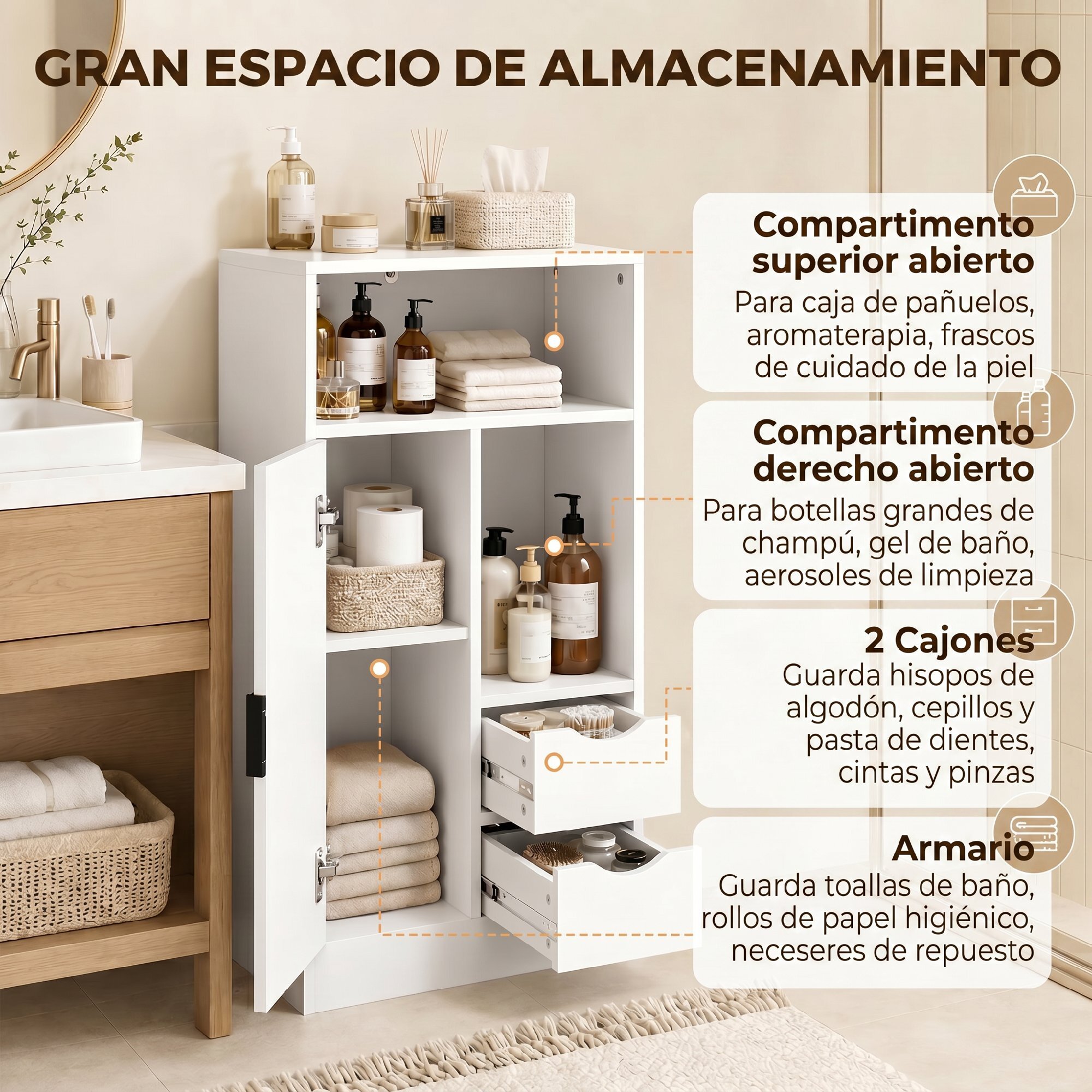 Mueble de Baño Estrecho Armario de Baño con 2 Cajones Compartimento Abierto y Estante Ajustable para Espacio Pequeño Cocina Salón 50x25x100 cm Blanco
