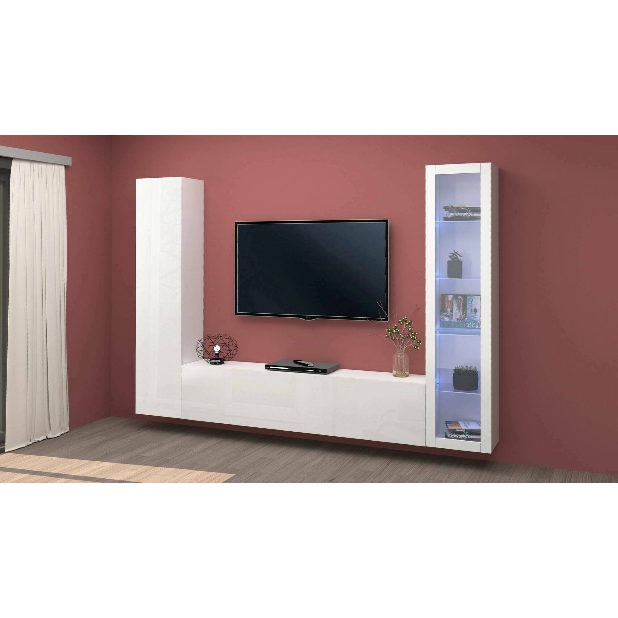 Parete attrezzata Girolamo, Set salotto porta TV a 3 ante, Mobile soggiorno multiuso con vetrina e luce LED, 100% Made in Italy, cm 260x30h180, Bianco lucido