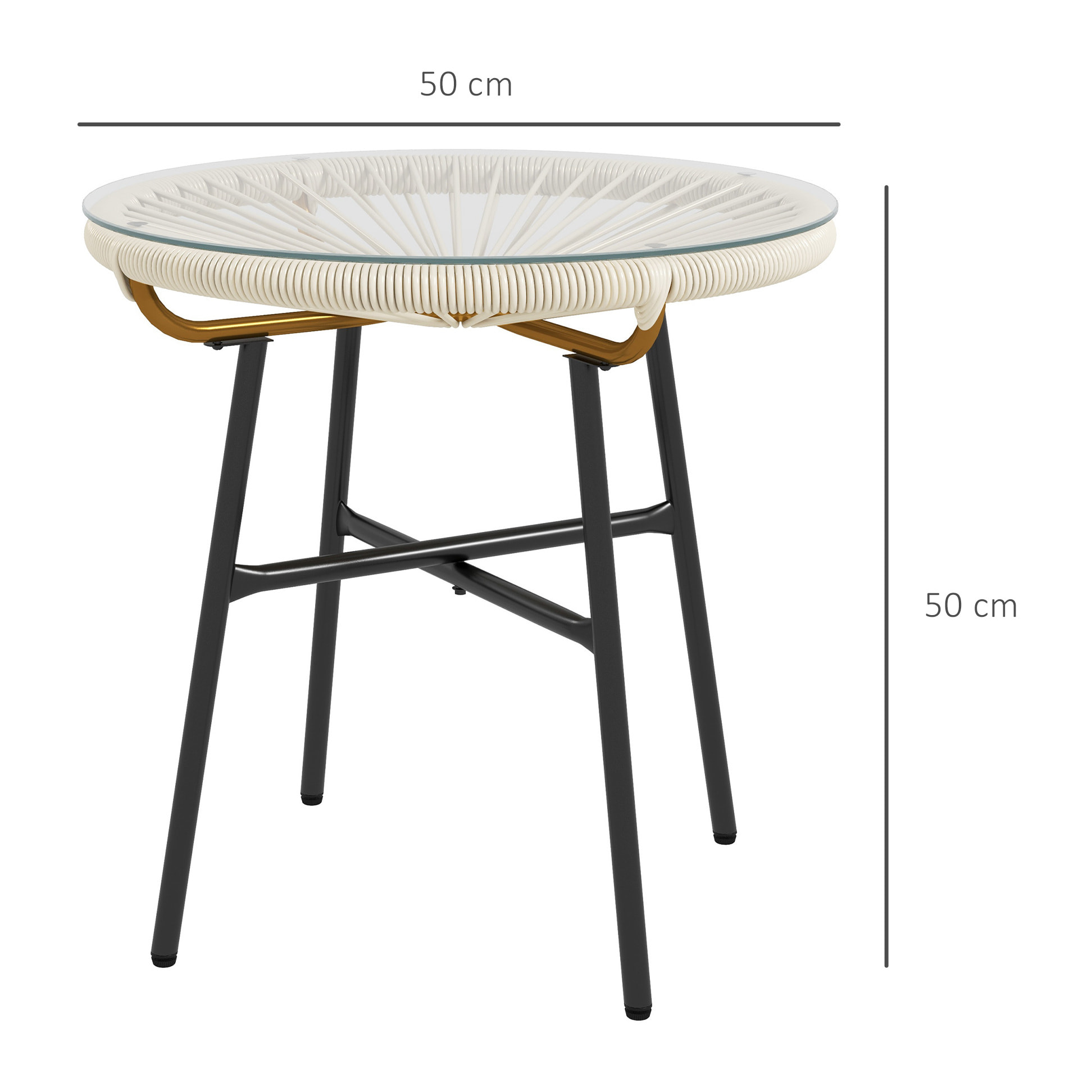 Mesa de Jardín de Ratán Sintético Mesa de Centro Redonda para Exteriores con Tablero de Vidrio Templado y Patas de Metal para Patio Balcón Ø50x50 cm Crema