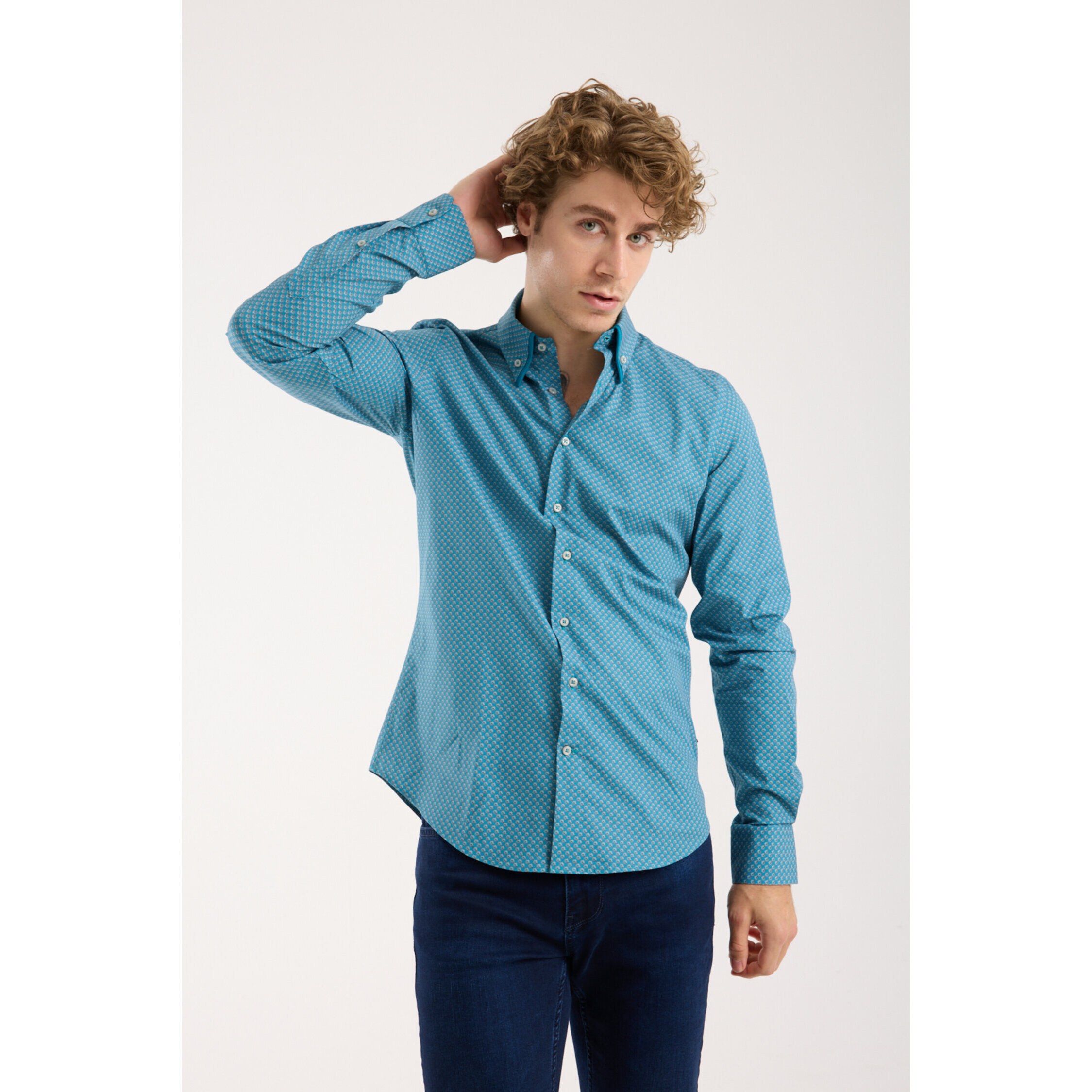 Camicia Uomo 2 Bottoni Button Down Doppio Coll Popeline Stretch Stampato Verede Ottanio/Arancio