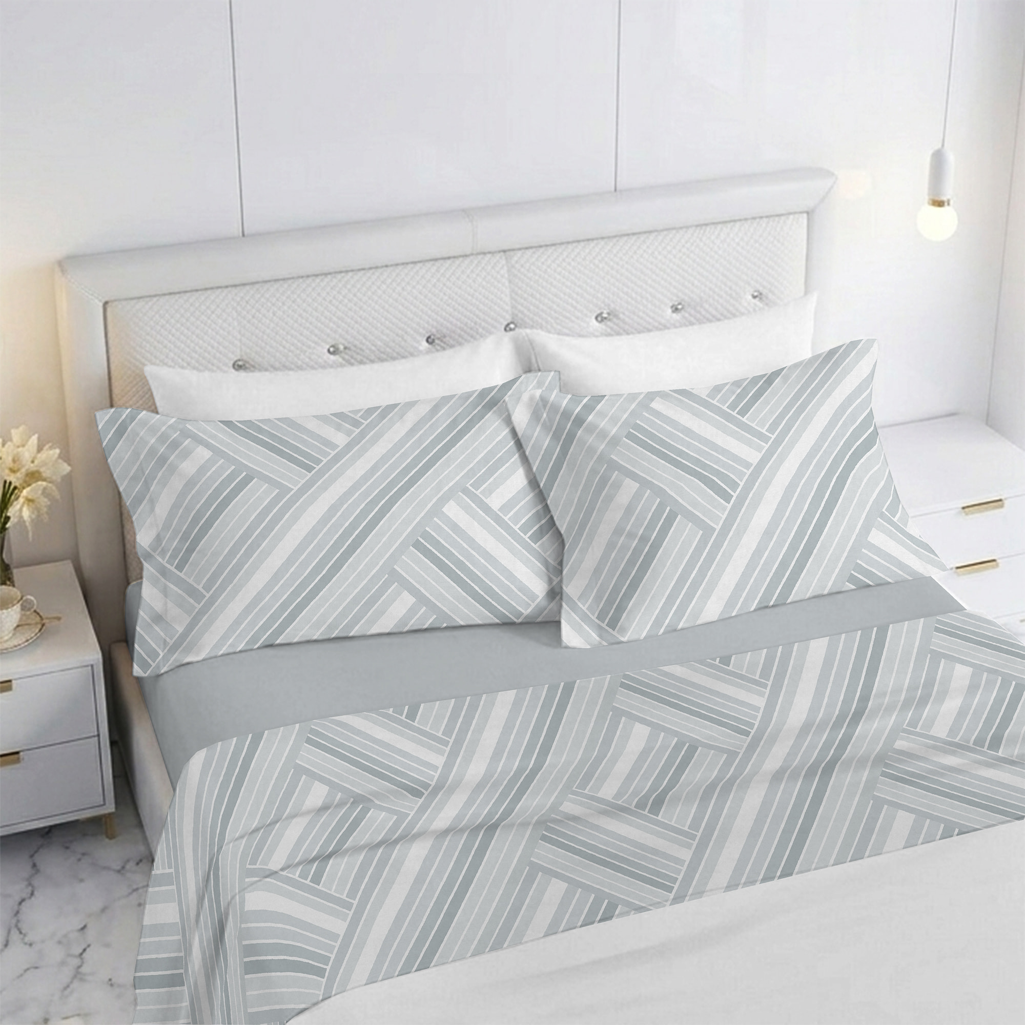Completo letto stampato leonardo bianco e grigio in raso 100% cotone