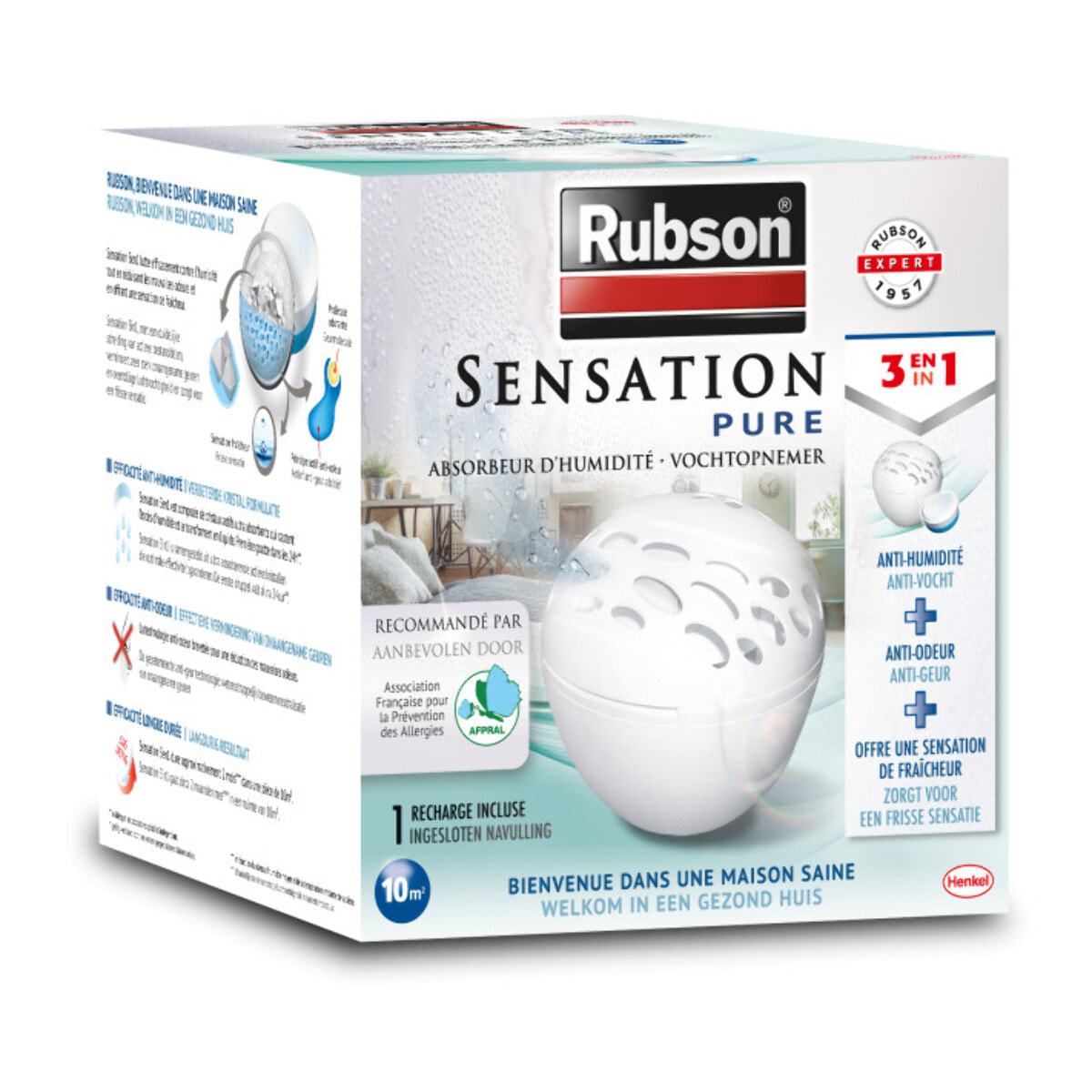 RUBSON - Absorbeur d'Humidité Sensation Pure (inclus 1 recharge) et 2 recharges universelles pour absorbeur d'humidité.