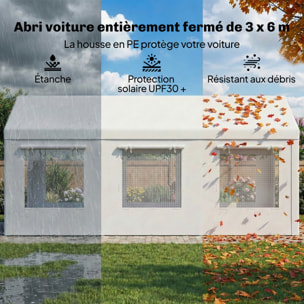 Carport auvent pour voiture 6x3m 8 fenêtres 2 portes zippées acier galvanisé robuste PE haute densité blanc