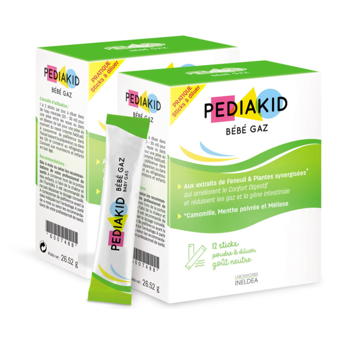 PEDIAKID - Bébé Gaz - Aux extraits de plantes & fibres - Aide à réduire les gaz et à améliorer le confort digestif - Dès la naissance - Format sticks de poudre à diluer facile à utiliser - Lot de 2