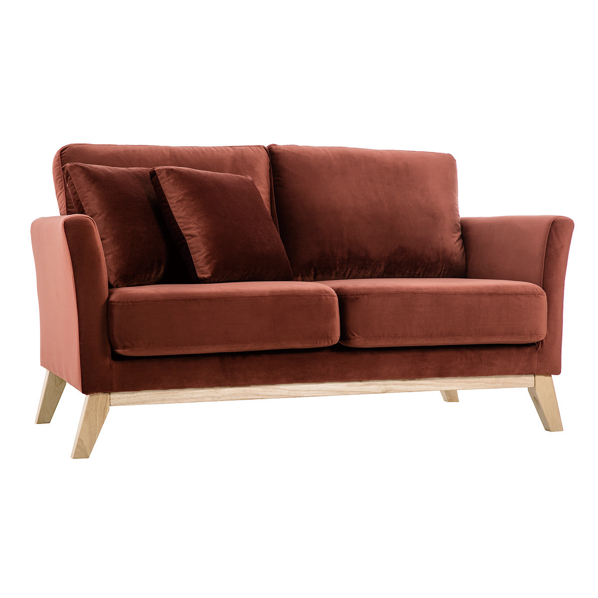 Canapé scandinave déhoussable 2 places en tissu velours rouge tomette et bois clair OSLO